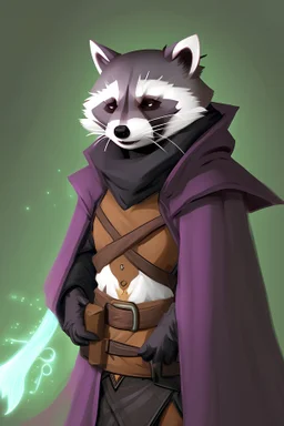 A dnd character thats a sentient racoon whos a warlock and that has a long folowing cloak and missing one eye with an eyepatch