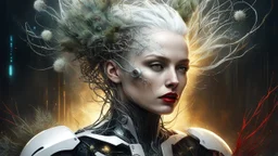 old worn paper, Ethereal bald white woman with thorns, thistles and plant roots on her head, cyberpunk biomechanics digital painting depicting a glowing woman with robotic features, combining human and artificial elements in a gripping sci-fi scene with intricate details and a cinematic atmosphere. Red lips, gold fragments, silver particles, wind, swirls, glare, glow from within, 8K, fine rendering, high detail, hyperrealism, high resolution, multi-layered, hyperdetail, hyperfocus,