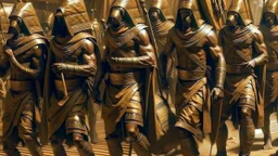 A group of Pharaoh soldiers emerge from inside leather bags