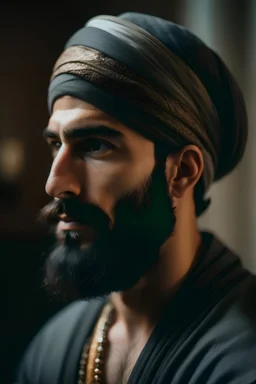 An Arab man wearing a turban and a short beard looks at the screen