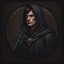 Dnd, fantasy, portrait, only face, archimage, medieval mosaic, ruthless, violent, old, black robe, very slim, black hair