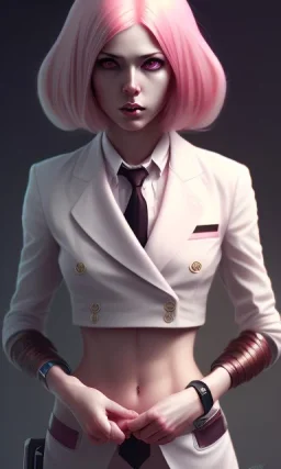 girl, cute, beautiful, pink hair, brown eyes, pigtails, bangs, knife in hand, blood on face, by Greg Rutkowski, big boobs, blazer, yandere