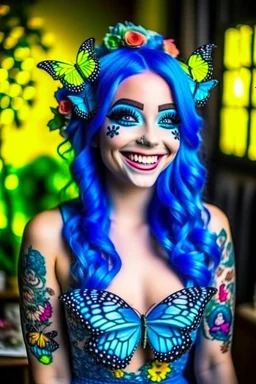 A very beautiful girl wearing cute makeup, smiling, blue hair and flowers, wearing a dress of butterflies