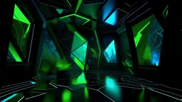 A dark room with bright green and blue geometric shapes and structures, creating an abstract and futuristic atmosphere where some strange creatures live.