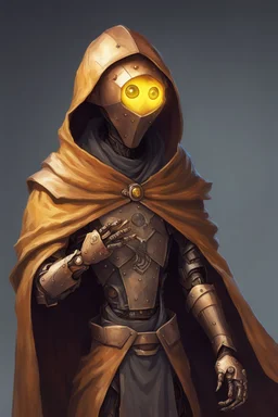 slim copper robot, dungeons and dragons, yellow eyes, wearing cloak