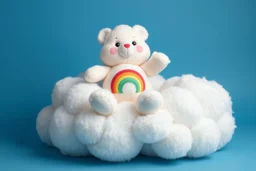 overstuffed white plushie stuffed toy clouds, a care bear(cheer bear) plush with tummy symbol(Rainbow) sitting on top of the cloud, blue background