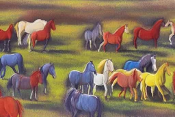 illustration horses of different colors in a field from afar