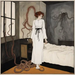[poster of a Nurse tentacles around her waist by Egon Schiele] The White Nurse enters in the dimly lit bedroom, shadows danced ominously across the walls The room is filled with terror as the monstrous presences beneath your bed stirred and twisted, its eerie limbs and tentacles creeping out into the moonlit room. Just as fear threatened to consume you, a soft, soothing voice cut through the darkness.