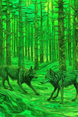 A green viny forest with wolves painted by Vincent van Gogh