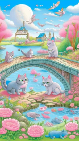 in the center: beautiful chunky pink cats playing on a bridge with grey mice, under the brigde flows a small blue river; background: landscape, first plan: pink flowers: white clouds