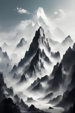 create a picture of a giant mountain in china with white accents and the sky, there should be more distance between the sky and the mountain, extremely three-dimensional, and there are no buildings 非常详细 极其精致和美丽 景深 极高分辨率 壁纸 照片 写实 风景 山 山上 夏 黄金时段照明 白天