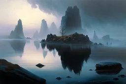 distant city, sea, mist, rocks, lake reflection, epic, otto pippel painting