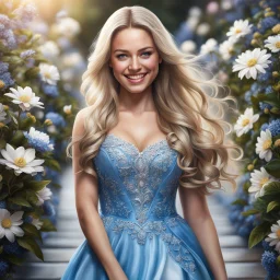 (best quality, 4k, 8k, highres, masterpiece:1.2), ultra-detailed, (realistic, photorealistic, photo-realistic:1.37),hyper realistic, full body gorgeous smiling 1woman,long hair,looking at viewer,realistic proportions,blue eyes,hair ornament,dress,very long hair,flower,blonde hair,parted lips,necklace,white dress,blonde hair,lips,blurry background,freckles,realistic,head wreath, pink flower,realistic portrait