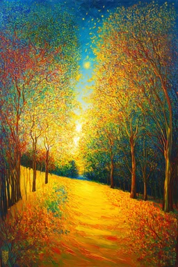 It is the pull of opposite poles that stretches souls. And only stretched souls make music; Lowbrow Post-Impressionist painting inspired by Hundertwasser and Van Gogh; Golden Hour; Exquisitely Detailed; Foliage Palette