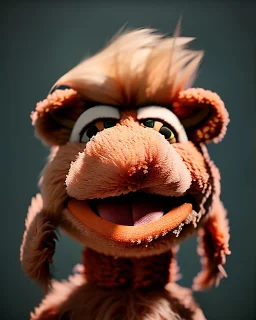 Realistic Waist up Portrait of muppet, short hair style, photo studio, unreal engine 5, god lights, ray tracing, RTX, lumen lighting, ultra detail, volumetric lighting, 3d.