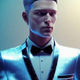 Handsome cosmuc man, glitter blue and white suit with stripes, jewels, long blond hair, blue eyes, cinematic lights, octane render, unreal engine 5, 4k, focus details