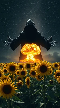A field of random sunflowers with bright lighting , at the end of the picture is a deep night dark with stars sky background the universe with a huge nuke explosion behind the explosion a very large open arms dark scary shadow of a black hooded creature