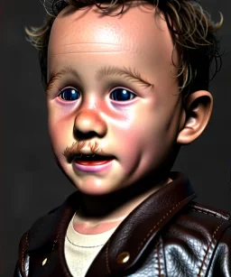 Heath ledger toddler, full body, leather jacket, soft skin, dramatic lighting, hyper realistic