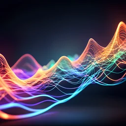 Musical Wave , Sound Wave, (Ice to Fire gradient color on horizontal ) LED network lines , Realistic 3D Render, Macro, mesh, wave network, geometric, Nikon Macro Shot, Kinetic, Fractal, Light Led Points, Generative, Neural, Computer Network, Connections, Fire Strings,