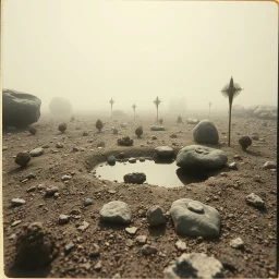 A striking quality close-up polaroid photograph captures a surreal wasteland with odd stones, pond, odd spindle-shaped objects, spooky, obsessive, paranoid, intricate, creepy, details of the dust very accentuated, glossy, organic, adorned with minerals and rocks, fog. Bathed in feeble light, eerie, Yves Tanguy style, black sun, fog, volumetric light, octane render