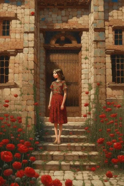 A beautiful girl standing in classic old building with bricks stones texture with a balcony filled with red poppies growing out of it , oil colors drawing with Busch painting style