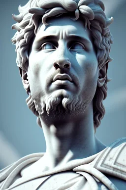 Ultra Realistic image, Roman sculpture, white marble material, Lionel Messi, sun radial crown, chisel style, waist up portrait, epic, celestial, cinematic lighting, God light, god rays, 4k resolution, smooth details, ornate details, soft lighting, unreal engine 5, marble background.