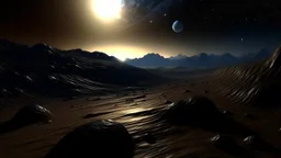 4k, hyper-realistic, Ultra-HD, Ray-tracing, Alien planet, mountainous, Has asteroid belt, milky way, stars, dark, black hole, Sand Worm rising from dunes