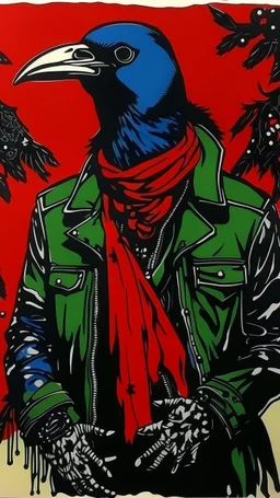 A contemporary serigraphy by Matisse of a human-like crow with a punk leather jacket within a Christmas atmosphere.