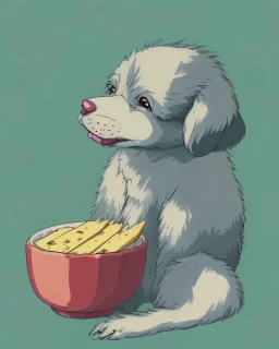 cute puppy eating cheese, art deco, romanticism, watercolor, visual novel, cheerful, furry, sleepy, rembrandt lighting, colorful lighting, blue, teal, aqua, red, purple, yellow, black, detailed, masterpiece