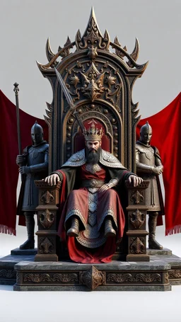 3D rendering of kris kuksi throne. A king setting on the throne, two guards behind the throne