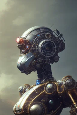 a beautiful full frame portrait digital painting of futuristic gaspunk robot, wide angle view, close-up, macro lens, centered camera, titanium accents, intricate details, small minutiae, tiny features, particulars, colorful, 8k, least ambient occlusion, volumetric lighting, volumetric clouds