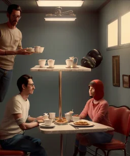 Realistic scene, American shot view, 0 gravity, levitating man and woman sitting in cafeteria and having breakfast, Wes Anderson, fly, floating, soft color, highly detailed, unreal engine 5, ray tracing, RTX, lumen lighting, ultra detail, volumetric lighting, 3d, finely drawn, high definition, high resolution.