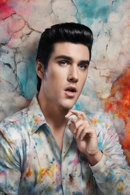 Elvis Presley, Lucy Hale Hybrid, 4k UHD, photorealistic, bright, extremely colorful, multicolored, foggy, gradated marble wall background, extremely detailed skin texture,