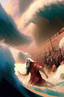 Moses parts the red sea while the Isrealites flee the Egyptian chariots