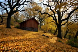 A wooden house in a hilly oak forest in autumn, yellow orange leaves on ground, moist in air, early morning, sun streaks, dense vegetation