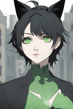 Thin, androgynous character with short black hair and cat ears. vivid green eyes, dark gender neutral goth clothes, urban background, RWBY animation style