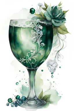 watercolor drawing of a dark green a crystal wine glass with white lace and emeralds and flowers, on a white background, Trending on Artstation, {creative commons}, fanart, AIart, {Woolitize}, by Charlie Bowater, Illustration, Color Grading, Filmic, Nikon D750, Brenizer Method, Side-View, Perspective, Depth of Field, Field of View, F/2.8, Lens Flare, Tonal Colors, 8K, Full-HD, ProPhoto RGB, Perfectionism, Rim Lighting, Natural Lighting, Soft Lighting, Accent Lighting, Diffraction Grading, With I