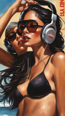 Hyper-detailed, Photography of a beautiful 48 years old woman wearing only a bikini and headphones, She is holding a sing with the text "PARABÉNS!", side pose face hidden wearing cap. trendy art ,art style by Robert Erod and Fabian Perez, photo, art by Ross Tran style reminiscent of illustrative books, digital art