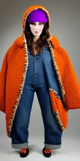 Brunette woman.thick thighs,thick calves,normal bodytype. big head. Mantle is sewed of upcycled Denim and sewed together of camouflage pieces. Colors are orange,red, cream and purple and various denim colors. It is with big bright purple felt tippet and cream-colored-hood. mantle is merged with satchel, ochre. AKG-style headphones (gold rings!) is merged with small felt cap with visor. Style: Haute Couture in 1950's, N.Y.C fashion in 2024, inspired by street art. Cream latex gaiter. Tennis shoes