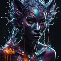 Unsplash art, a quirky liquid portrait of a hauntingly beautiful dark werewolf woman, splash style of paint, Pixar style, Halloween colors, hyper detailed intricately detailed, fantastical, intricate detail, splash screen, liquid, gooey, slime, splashy, fantasy, concept art, 8k resolution, masterpiece, melting, complex background, intricate detailed, dark colors, fantasy, concept art, digital art, intricate, oil on canvas, masterpiece, expert, insanely detailed, 4k resolution.