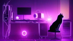 Cute black cat sitting on a gaming chair, in front of a gaming PC table, in a dark room with purple lights and gaming posters, atmospheric, gorgeous, realistic