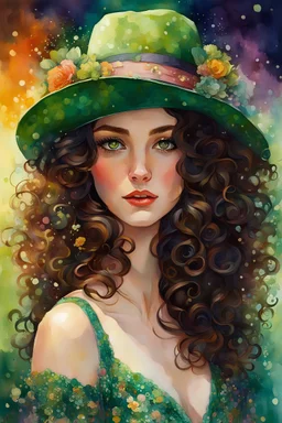 highly detailed, curly brown hair, green eyes, hat,printed dress, vivid colors, watercolor portrait, dramatic light, realistic, by Alyssa Monks, Afarin Sajedi, Brian Kesinger, Thomas Kinkade, Pascal Campion, Craola.