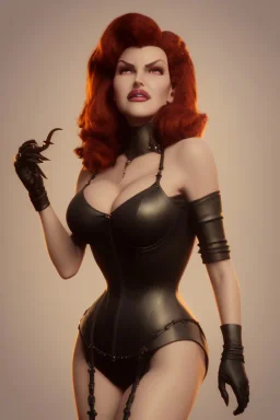 Rita Hayworth as evil queen in black leather, busty, cleavage, curvy, angry, stern look. character design by cory loftis, fenghua zhong, ryohei hase, ismail inceoglu and ruan jia. unreal engine 5, artistic lighting, highly detailed, photorealistic, fantasy