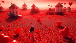 A surreal landscape with numerous white houses with red heart-shaped patterns covering them. In the foreground, a woman in a red dress stands among the structures, while a silhouetted figure is visible in the distance.