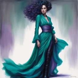 A stunning green eyed woman with curly black updo with purple, thick, teal and turquoise highlights and long eyelashes.Blue flowing dress model type, beautiful pose, large format, white background. She wears a wide belt around the waist, black boots on her feet, head not shaved, Harper's BAZAAR style, airbrush oil painting.