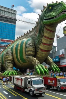 A giant dinosaur purchased from Costco is destroying Tokyo, with McDonald’s restaurants mobilizing an army to defend