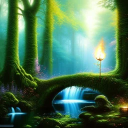 romantic fantasy spray painting, loosing torch in magical forest by waterfall