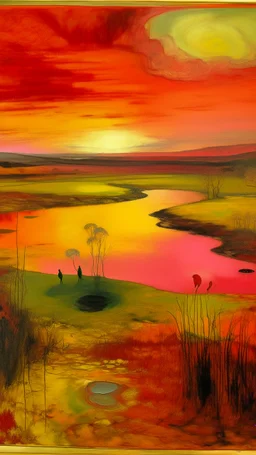 A reddish magenta fiery psychic wetlands painted by Edgar Degas