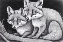 twilight descends, sly and clever foxes and their nocturnal adventures - Pencil drawing, realistic, graphite