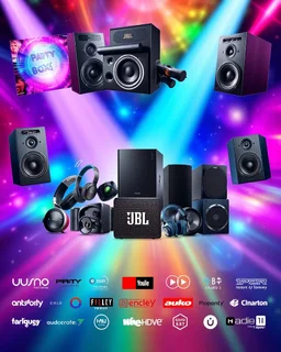 A beautiful banner design with photos of party speakers and party boxes, several models of headphones, mobile chargers, and JBL speakers in the center of the image, and several famous logos from world-renowned audio and video systems at the bottom of the image with a beautiful, psychedelic color theme.